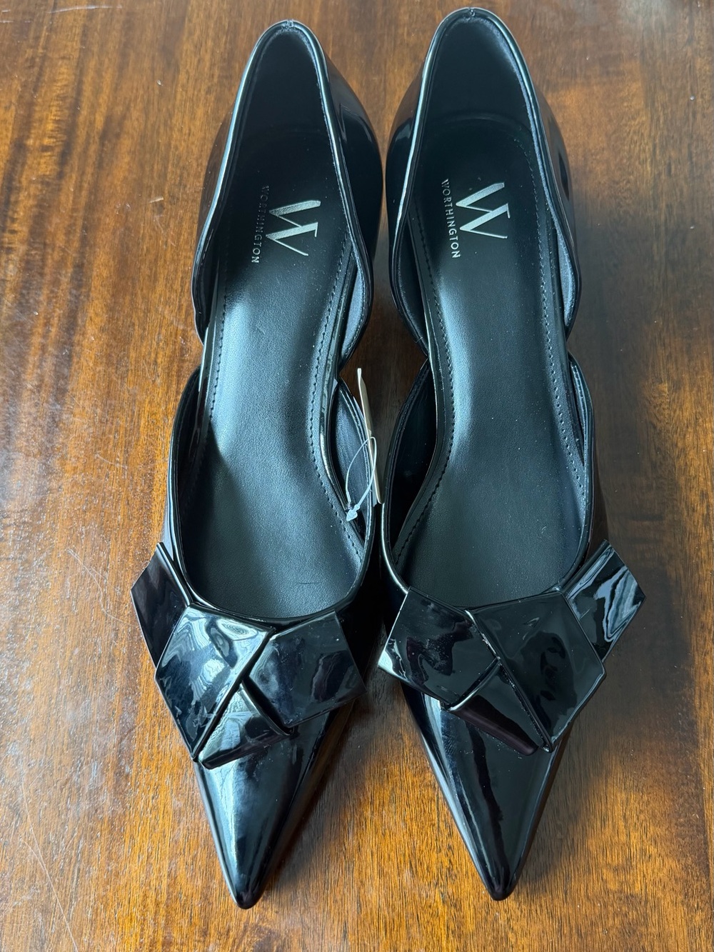Worthington Women Black Patent Pointed-Toe Flats with Geometric Bow slip on 10